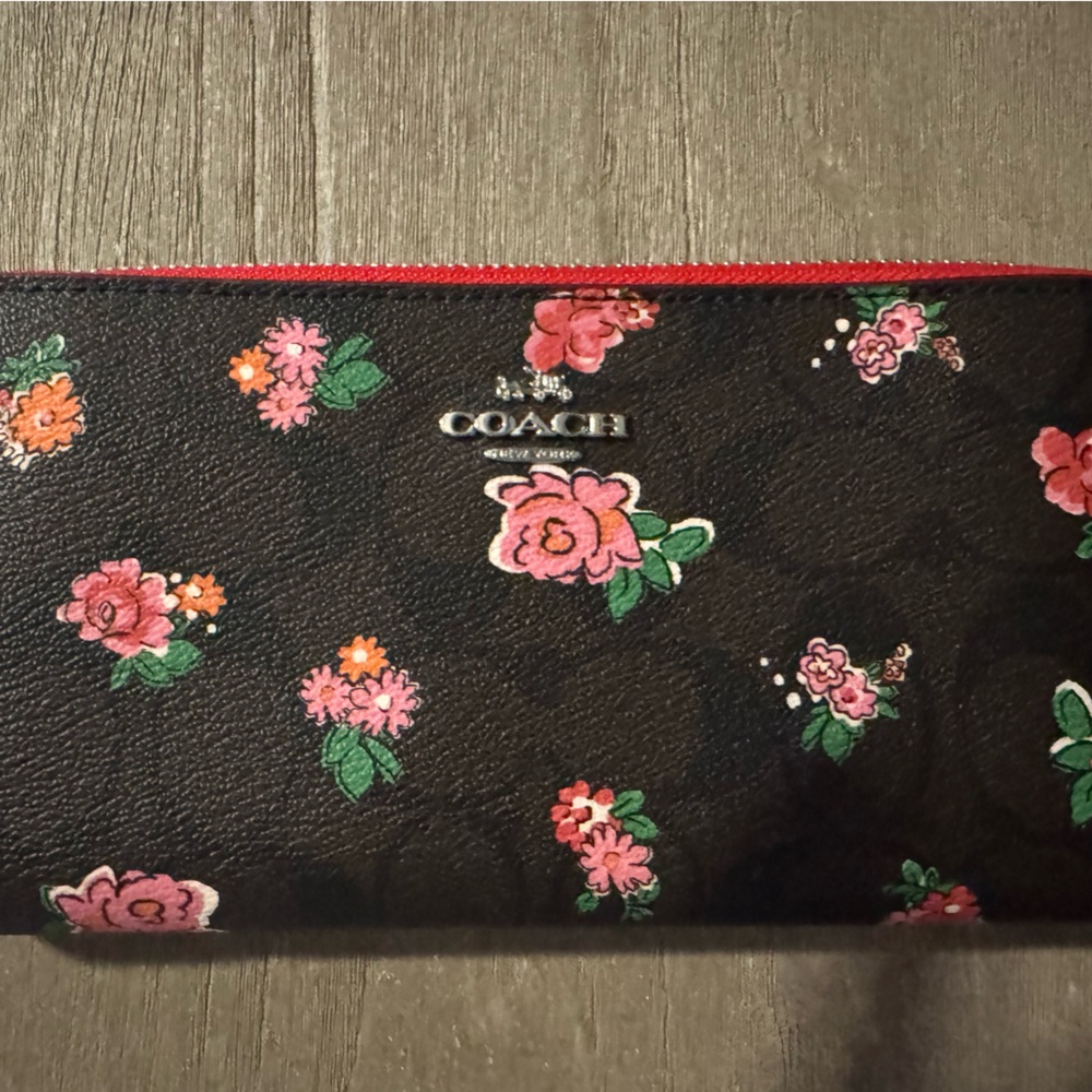 Coach Red and Brown Wallet with Floral Design
